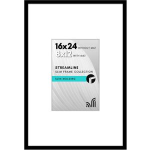 Americanflat 16x24 Poster Frame with Polished Plexiglass - Use as 8x12 Frame with Mat or Display 16x24 Photo Without Mat - Streamline Collection - Thin Border Picture Frames for Wall - Black
