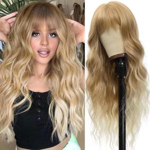 Vomella Blonde Wig With Bangs 26 Inch Long Curly Wavy Wigs for Women Natural Looking Synthetic Heat Resistant Wig for Daily Party Use