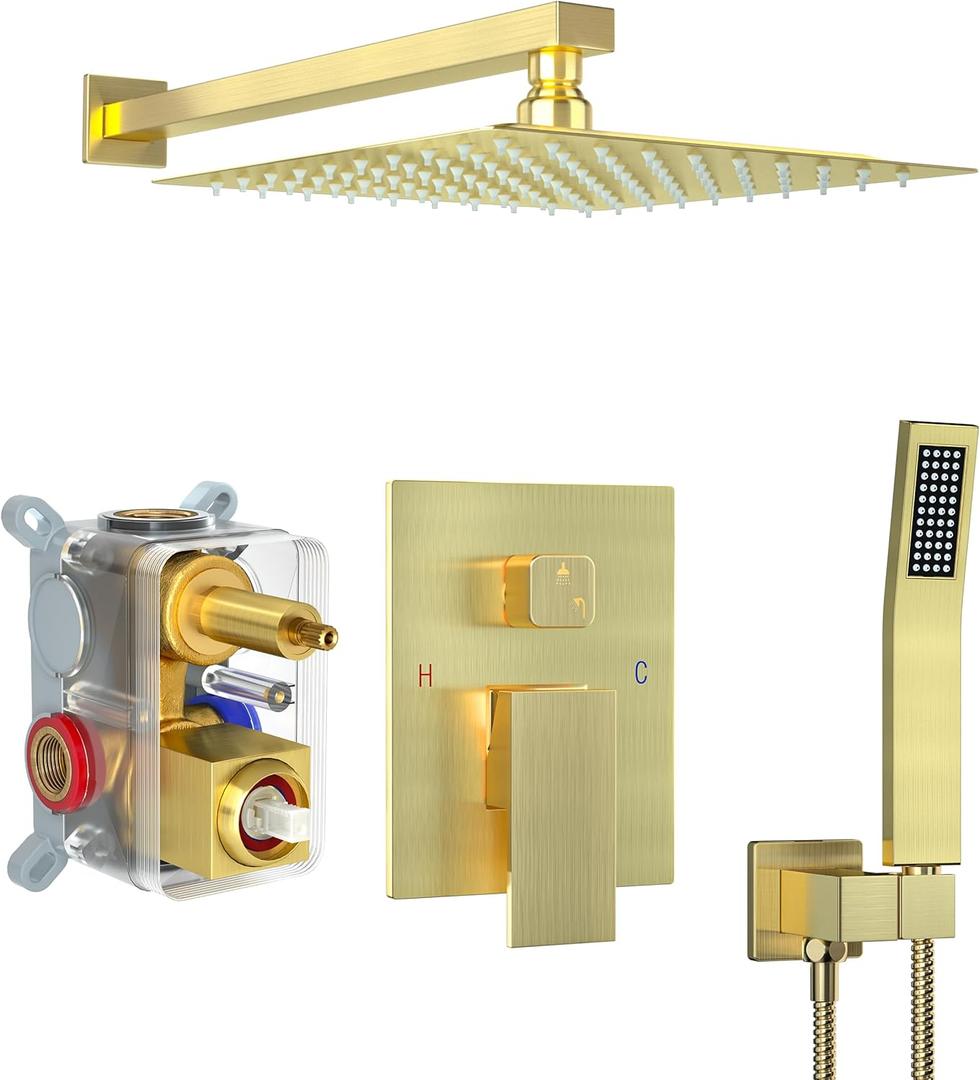 10 Inch Shower Faucet Set, Rainfall Shower System with Square Fixed Rain Shower Head and High Pressure Handheld Shower Head, Wall Mounted Rainfall Shower Fixtures, Brushed Gold