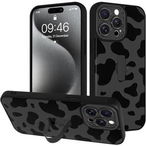 for iPhone 15 Pro Case with Finger Strap Holder, Cute Cool Cow Print Pattern Design for Women Men, Shockproof Anti Scratch Hand Kickstand Protective Cover, Gray