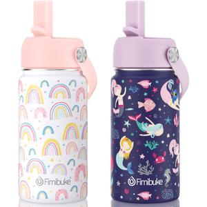 Fimibuke Kids Insulated Water Bottle, 14oz BPA FREE Double Wall Vacuum Tumbler 18/8 Stainless Steel Leak Proof Kids Cups with Straw Metal Water Bottle for School Boy Girl (Pack of 2, RAINBOW/MERMAID)