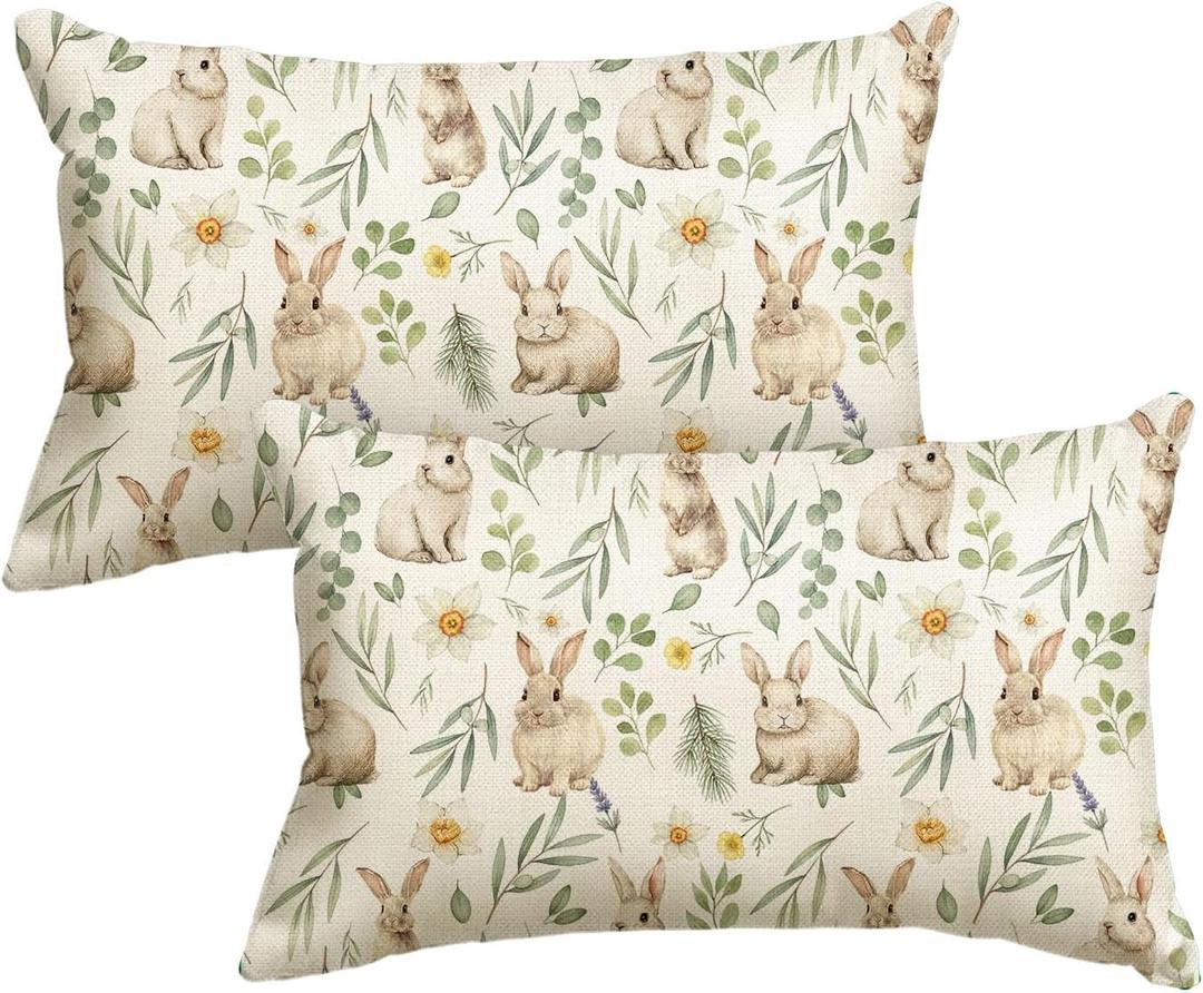 AVOIN colorlife Easter Bunnies Flower Throw Pillow Covers, 12 x 20 Inch Eucalyptus Leaves Cushion Case Decoration for Sofa Couch Set of 2