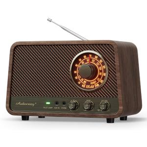 Vintage Wooden AM FM Bluetooth Radio with 10 Watts Powerful Sound, Retro Bluetooth Speaker Radio with Softly Glowing Dial, Bass Control, Aux Input, Headphone Jack, for Home, Office, Kitchen