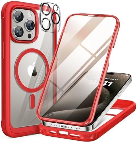 Miracase Magnetic for iPhone 15 Pro Max Case 6.7'' [Compatible with Magsafe] Full-Body Military Drop Proof for iPhone 15 ProMax Case with Built-in 9H Tempered Glass Screen Protector,Red