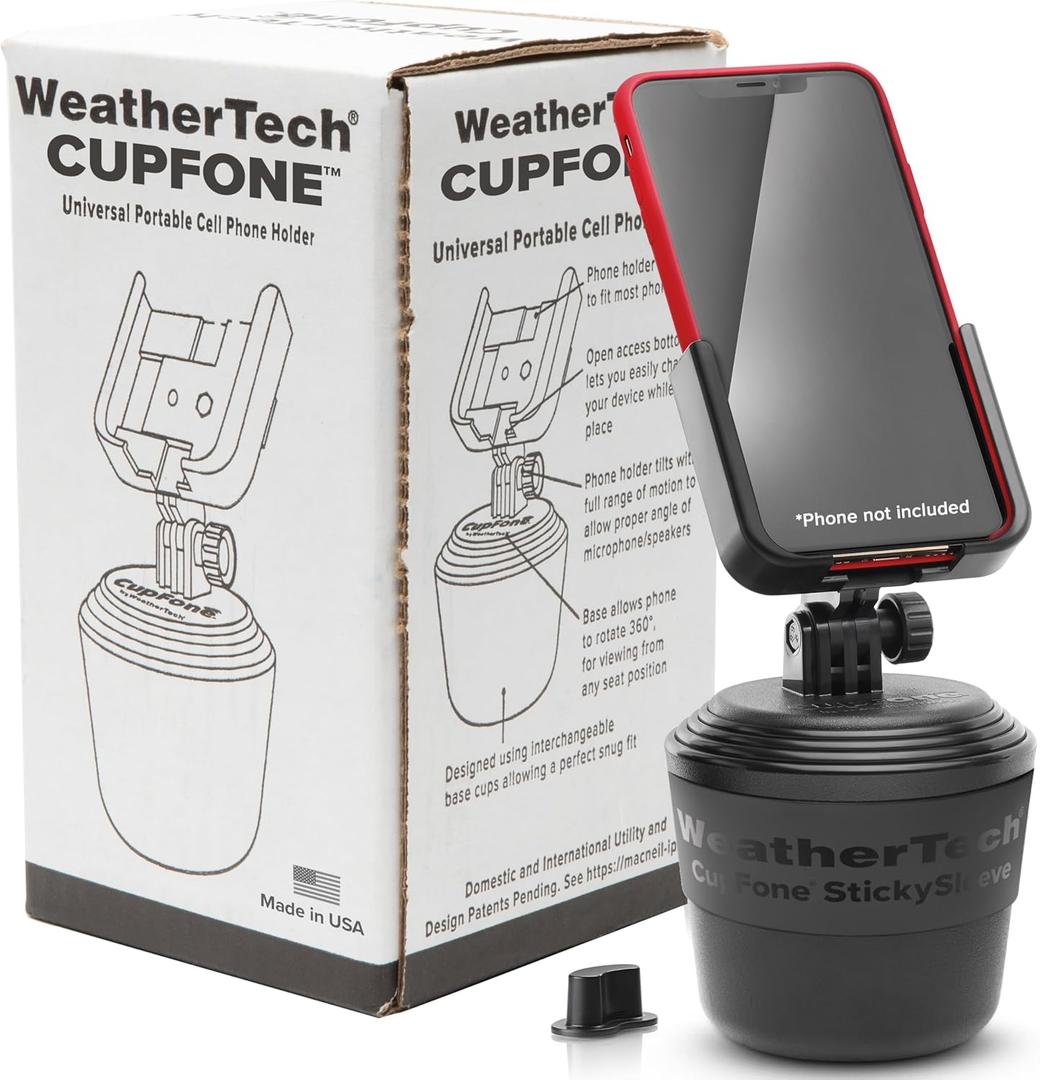 WeatherTech CupFone  Adjustable, Universal Cup Holder Phone Mount Accessory for Car  Compatible with iPhone & Other Smartphones  Open Access Design for Cell Phone Charging - Black Plastic Knobs
