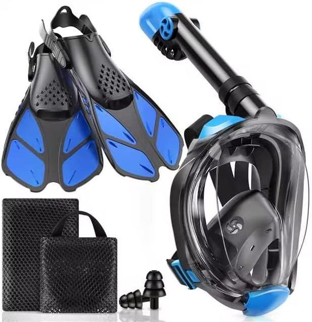 Mask Fins Snorkeling Gear for Adults, Full Face Snorkel Mask & Adjustable Swim Fins Snorkel Set, Panoramic View Snorkel Mask Dry Top Anti-Fog Anti-Leak (Black Blue, Size: S/M mask+S/M fins)