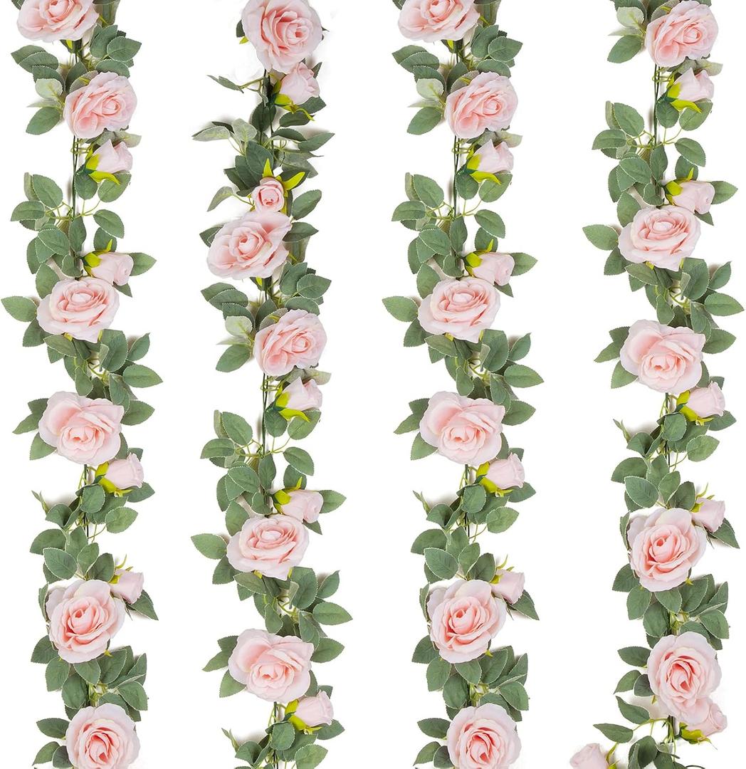 TELDRASSIL 4Pcs(26 FT) Artificial Rose Vine Fake Flower Garland Fake Silk Rose Hanging Vine for Wedding Party Background Arch Garden Background Decoration (Pink), 6.5 Ft/200 Cm