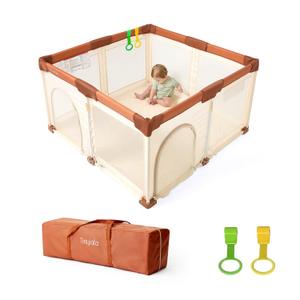 Tinyiota Foldable Baby Playpen, 50x50 Inch Portable Play Yard for Babies and Toddlers with Soft Breathable Mesh, Storage Bag & 2 Pull-Toy Handles for Indoor & Outdoor (Brown, 50x50)