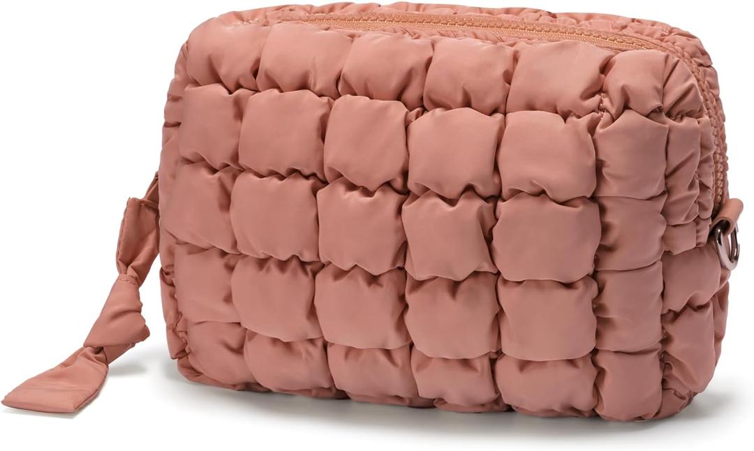 Quilted Makeup Bag Puffy Cosmetic Bag Cute Puffer Travel Toiletry Bag for Women, Large Makeup Pouch for Purse Quilted Cosmetic Pouch for Essentials Toiletries, Christmas for Women, Girls (Dust Pink)