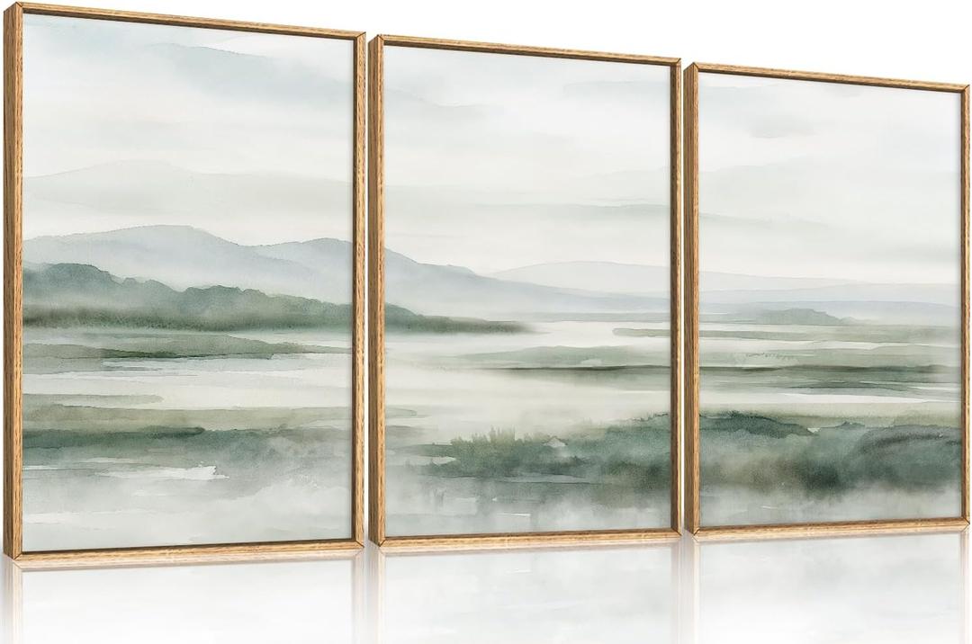 HOURIA Large Watercolor Misty Green Mountain Framed Canvas Wall Art, Neutral Brush Stroke Wall Decor, Modern Landscape Artwork, Nature Minimalist Art Print for Living Room,Bedroom,Office-16 x24 x3