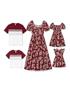 PATPAT Family Matching Outfits for Women: Mommy and Me Matching Shirts Dresses Boho Paisley Print Outfits Coordinated Family Matching Dresses for Vacation- Burgundy Women S
