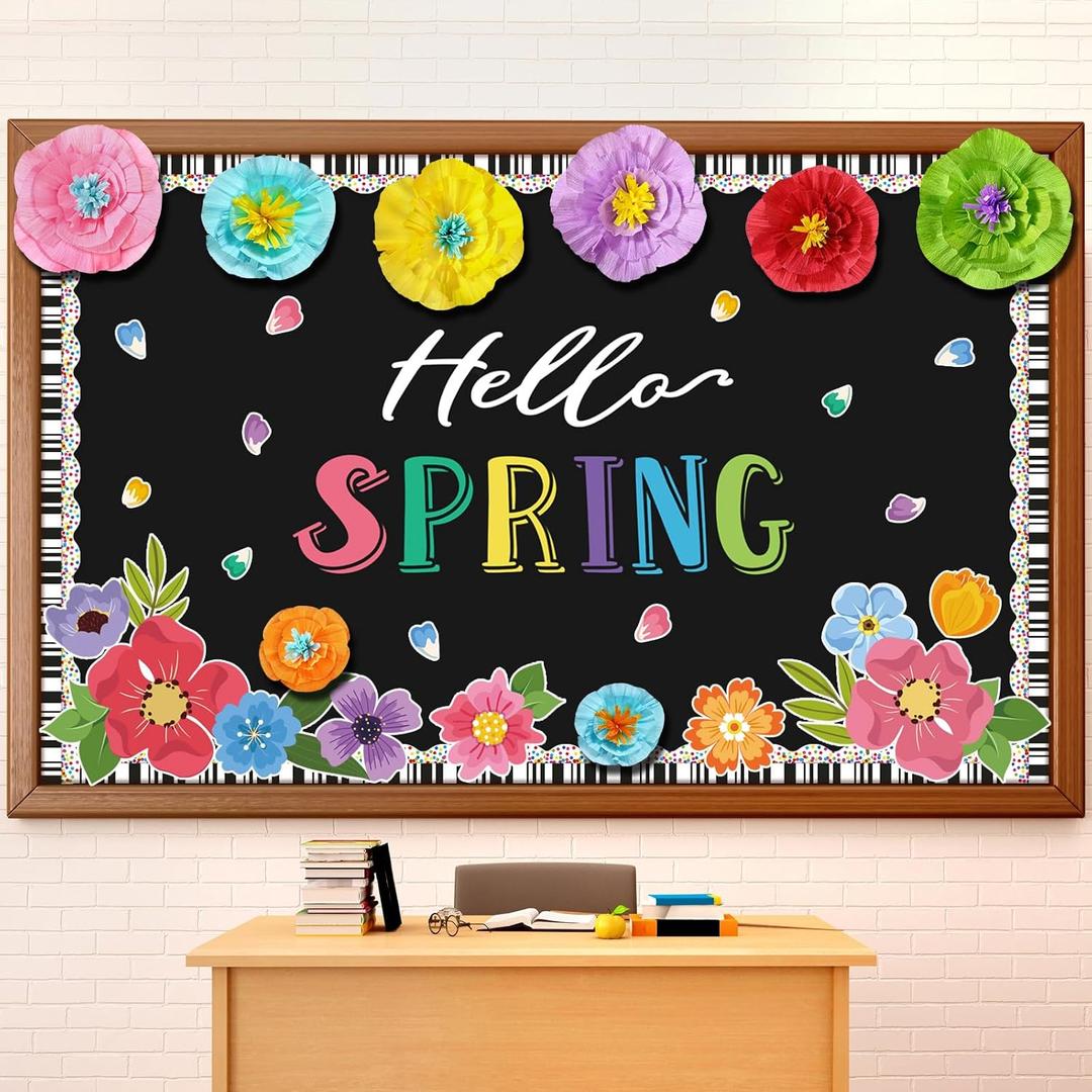 62 Pcs Hello Spring Bulletin Board Sets Spring Flower Classroom Decoration 3D Floral Bulletin Board Flower Cutouts for Classroom Chalkboard Wall Decor