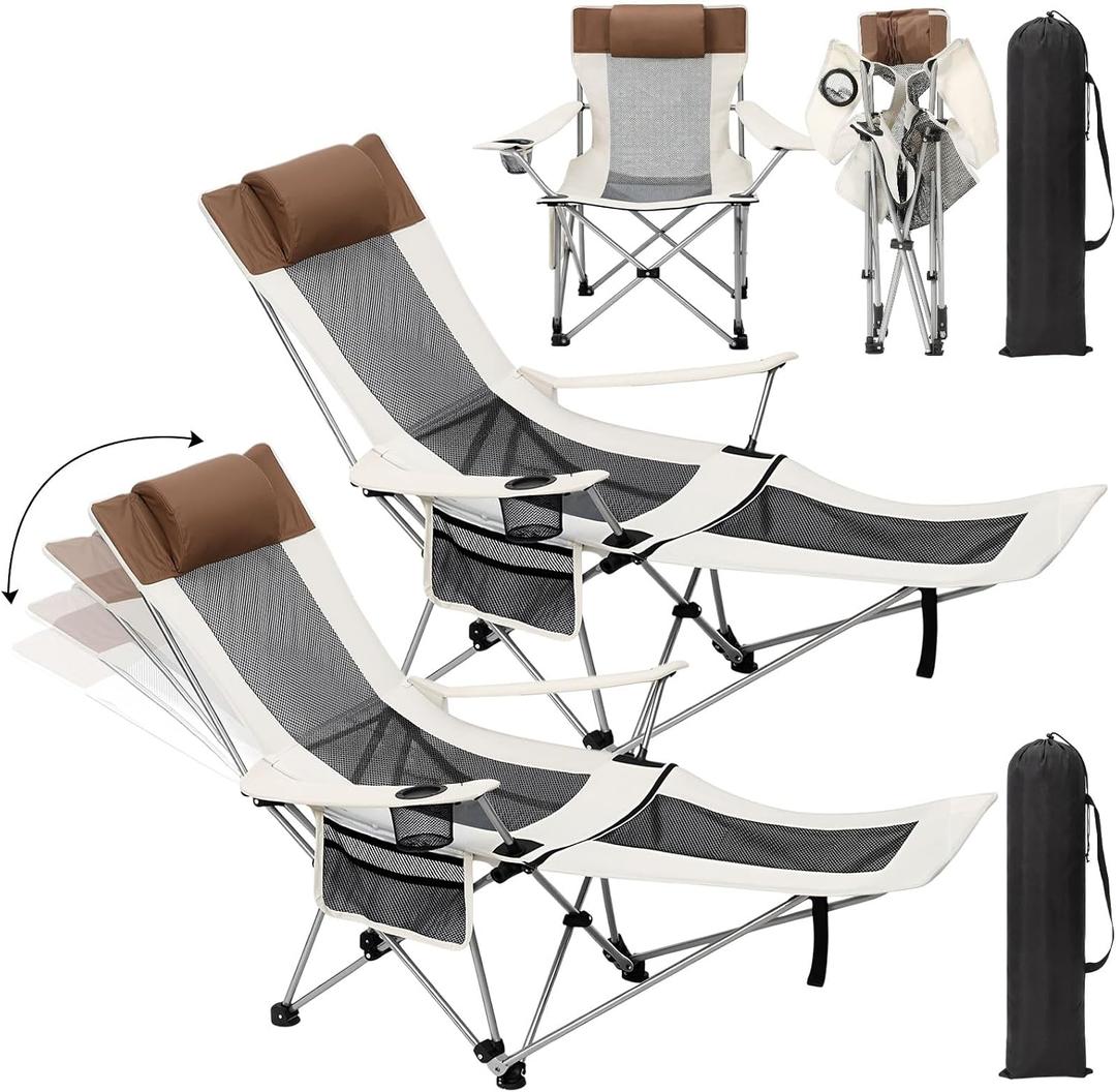 Colingmill 2 Pcs 2 in 1 Reclining Camping Chair with Footrest for Adults Folding Lounger Mesh Beach Chair Adjustable Backrest Lightweight Lawn Chairs for Camping Tailgates Outdoor Beach(Beige)