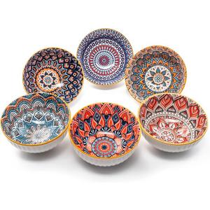 Small Mandala Porcelain Bowl Set | Bowls for Side Dishes, Dips, Snacks, Rice, Noodles, Ice Cream | Portion Control, Stackable, Microwave & Dishwasher Safe | 4.5 Inch, 10 Ounce, Set of 6