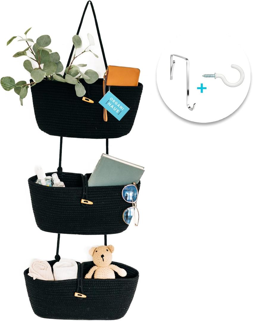 OrganiHaus Black Hanging Wall Baskets for Nursery Decor, Hanging Baskets for Bathroom, Behind Door Storage, Over The Door Basket Organizer, Closet Wall Organizer, Wall Mounted Storage Basket (Full Black)