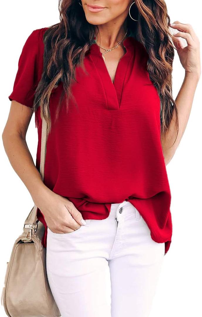 Allimy Women Summer Dressy Casual 2026 Short Sleeve Blouses and Tops Trendy Tunics Medium Red