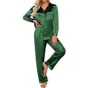 ECOUVER Womens Pajama Set Silk Satin Pajamas Long 2pc Pjs Button Down Sleepwear Pj Set Loungewear XL