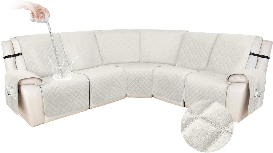 HDCAXKJ 100% Waterproof Velvet Recliner Sectional Couch Covers L Shaped Corner Reclining Sofa Cover Washable Thick Non Slip Sectional Slipcover with Pockets (5 Seat Recliner Couch, Cream)