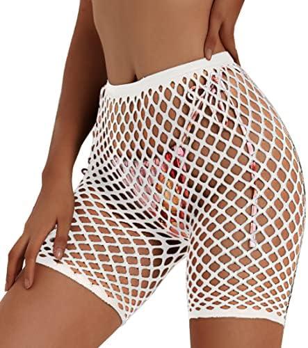 Lunedear Womens Sexy Fishnet Mesh Biker Short Black High Waist Swimsuits Bikini Bottom Cover up Shorts, Size: Small