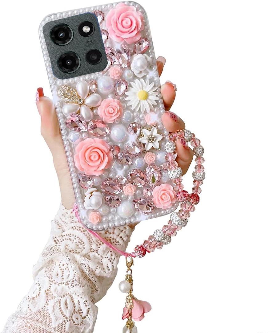 for Moto G 2025/2026,G Play 2026 Bling Case Luxury Cute Diamond Glitter Crystal Rhinestone 3D Rose Flowers Pearl Handmade Phone Cover for Women Girls with Wrist Strap,Pink
