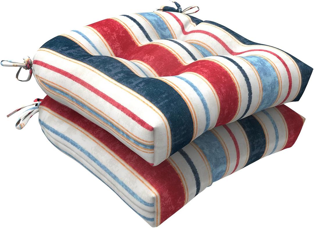 LVTXIII Outdoor/Indoor Tufted Seat Cushion, Decorative Wicker Chair Pads All Weather Seat Cushion Sets for Patio Garden Home Office Furniture, 19"x19"x4", Round Back, Pack of 2, Stripe Red Blue