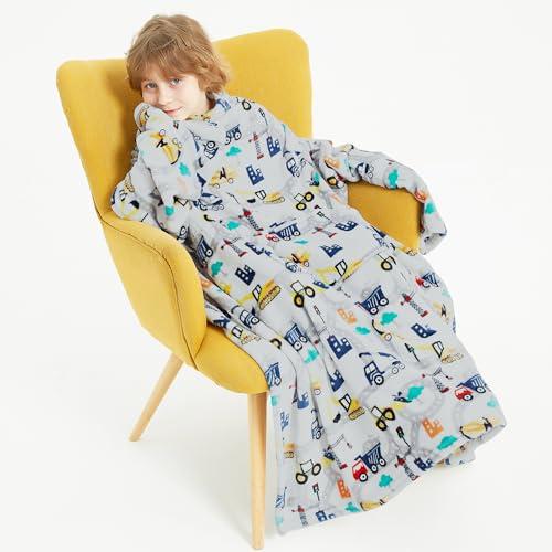 Softan Truck Kids Snuggies Wearable Fleece Blanket with Sleeves & Foot Pocket for Kids Boys Girls,Lightweight Soft Blanket with Hook & Loop 48" x 48"
