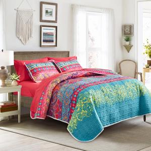 Tititada 3 Pieces Colorful Bohemian Quilt Set King Size, Boho Striped Pink n Teal Printed Bedding Bedspread Coverlet Set for Summer, Soft Lightweight Microfiber Quilt with 2 Shams (102x88 inces)