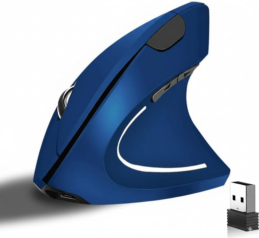 Ergonomic Vertical Wireless Mouse Stylish Rechargeable 2.4G Optical Mice Cordless Mouse with USB Receiver, 800/1200 /1600 DPI, 5 Buttons for Laptop,PC,Mac,Computer (Blue)