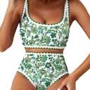 Herseas Women's Bikini Sets Floral Print Whip Stitch 2 Piece Swimsuits High Waisted Scoop Bathing Suits (Green, Small)