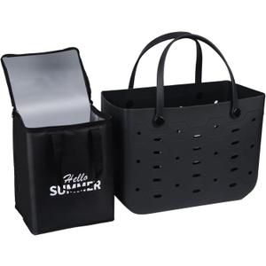 PoVwlty Rubber Beach Bag with Insulated Cooler,Waterproof Tote for Summer, (BLACK, Medium)