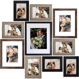 SESEAT Picture Frames Collage, Gallery Wall Frame Set with 11x14 8x10 5x7 4x6 Frames in 3 Different Finishes, Set of 10 (Black&Rustic Brown&Light Brown)