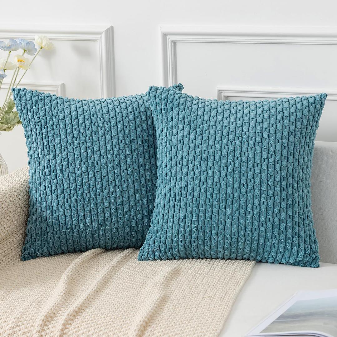 Kevin Textile Throw Pillow Covers Soft Corduroy Decorative Set of 2 Boho Striped Pillow Covers Pillowcases Farmhouse Home Decor for Couch Bed Sofa Living Room 18x18 Inch Light Blue