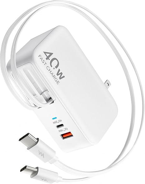 Retractable USB C Charger Wall Plug with 35.5in/90cm Type C Cables Cords,40W Fast Charging Foldable Block Multi Charger for All Devices for iPhone 17/16/15/14/13/12,iPad,Galaxy,Pixel
