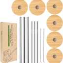 Wide Mouth Mason Jar Lids, CNVOILA Mason Jar Lids With Straw Hole, 6 Pack Bamboo Mason Jar Lid & 3 Stainless Steel Boba Straw & 3 Stainless Steel Thin Straws - 6 Pack