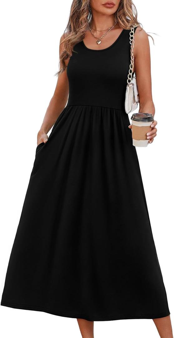 WIHOLL Summer Dresses for Women Flowy Casual Midi Dress Beach Vacation Sundresses with Pockets (Black, M)