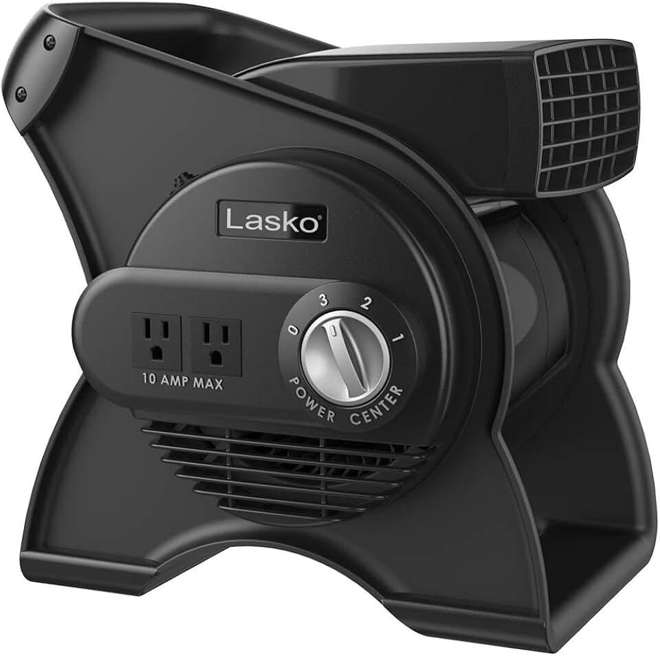 Lasko Pivoting High Velocity Portable Utility Fan - 12" - U12104 - Black | Adjustable Air Mover Blower Fan for Bedroom, Office Desk, Garage, and Home, With 2 Outlets 120V, 3 Speeds