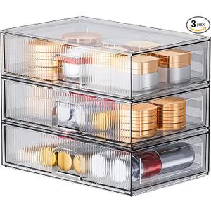 ZHIAI Stackable Storage Drawer, 3 Piece Acrylic Organiser for Cosmetics and Beauty Products, Suitable for Dressers, Bathrooms, Cabinets, Storage Rooms, Bedrooms and Home Organisers