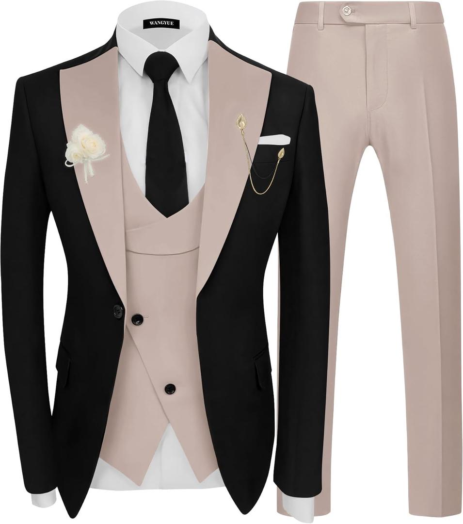 Wangyue 3 Piece Mens Tuxedo Suit Slim Fit Tuxedo for Men Double Breasted Wedding Prom Suits Blazer Vest Pants Sets 2026 (Small, Beige)