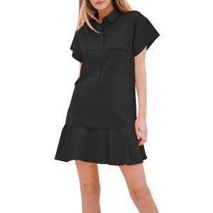 YEXPINE Women's Drop Waist Ruffle Hem Shirt Mini Dress Short Sleeve Button Down Tunic Dress with Pockets XL