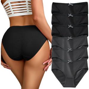 Women's Cotton Underwear Full Coverage Soft Stretchy Scrunch Briefs Comfortable Cute Bikini Panties for Ladies 6pack (Large, 6pcs-black/Grey)