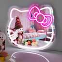 Hello Kit Vanity Mirror with Neon Sign 16 x 14inch Large Size, Hello Kit led Mirror Adjustable Brightness USB Powered, Pink Bow, Girl Room Decor Mirror, Women Wall Makeup Mirror for Bedroom
