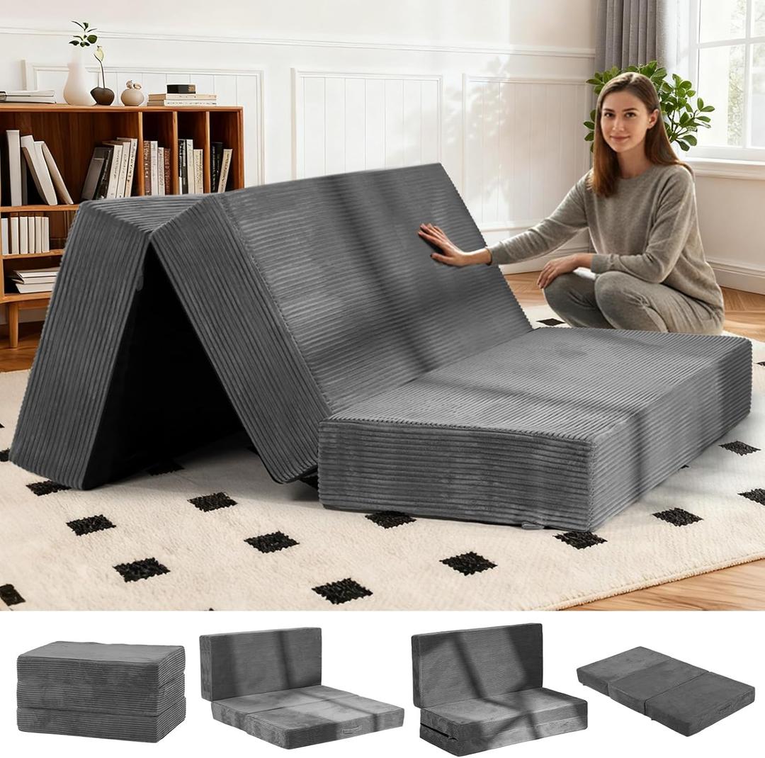 6-Inch Tri-Fold Foldable Mattress, Folding Sofa Bed with Removable Washable Cover, Portable Futon Mattress Full Size Floor Guest Mat with Non-Slip Bottom & Carry Handles for Camping (Grey, Queen)