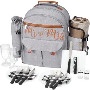 Couple Gifts 22L Picnic Basket Set, Grey Insulated Picnic Backpack for 2, Leak Proof Cooler Camping Gifts, Cool Bridal Shower Gifts Anniversary Engagement Wedding Gifts for Couples, Mr and Mrs Gifts (Gray)