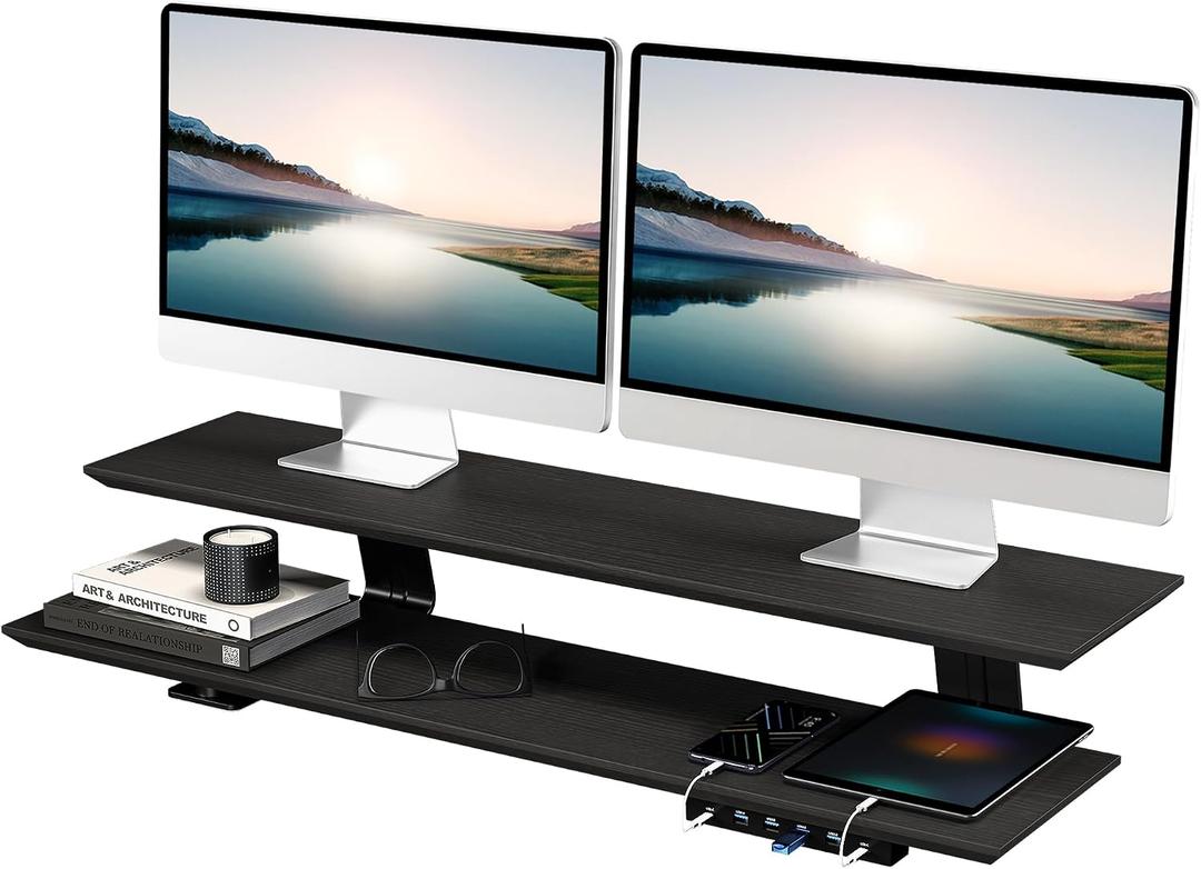 2-Tier Dual Monitor Riser with 6-Port Hub 39.4" Extra Wide Solid Wood Plywood Desk Stand for Dual Monitors, 30w Fast Charging USB C/A Ports, Heavy Duty Desk Organizer, Black Wood Grain Finish