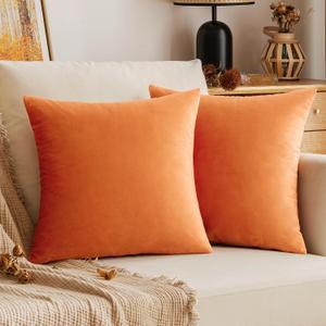 EMEMA Fall Orange Velvet Throw Pillow Covers 18x18 Inch Set of 2 Decorative Square Pillowcase Soft Solid Cushion Case for Couch Sofa Bed Bedroom Livingroom