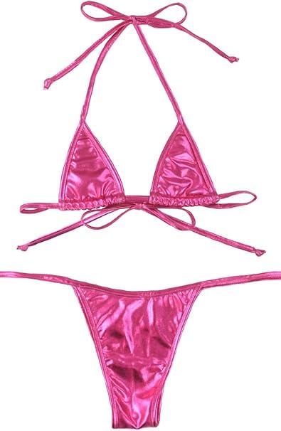 Relleciga Women's 2 Piece Bathing Suit Metallic Triangle Top Tie Side Thong Bikini Swimsuits (Pink) L