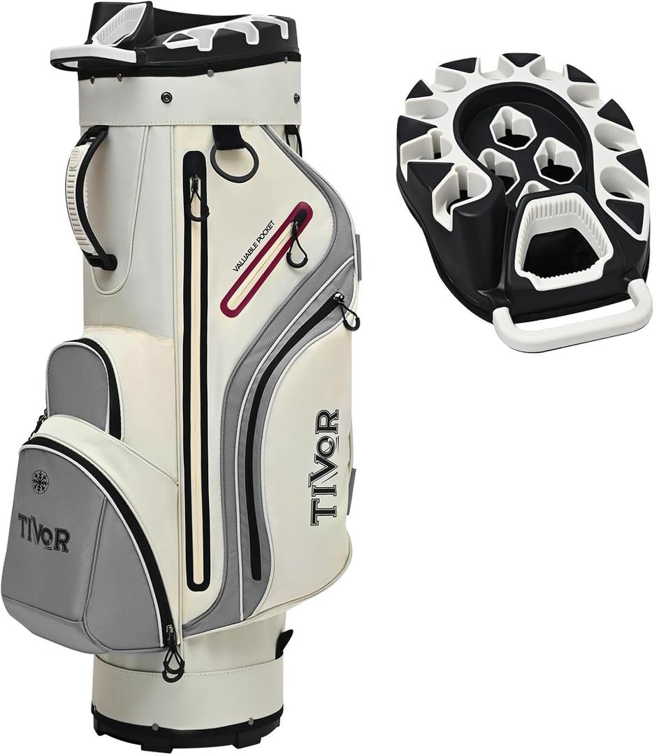 14-Way T-Lock Golf Cart Bag with Anti-Rattle Full-Length Dividers 9 Pockets with Cooler Storage,Cart Strap Pass-Through,Detachable Shoulder Strap & Rain Hood Included, Lightweight Golf Bag