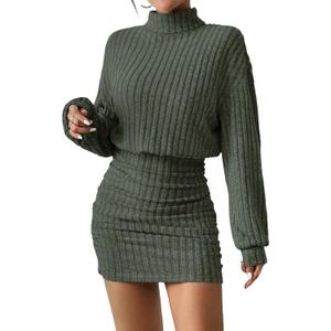 Women's Pullover Sweater Dress Long Lantern Sleeve Turtle Neck Cute Ribbed Knit Bodycon Mini Short Dress 2025 Fall, M