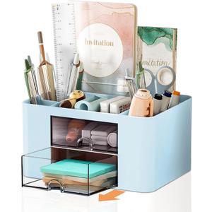 Pencil Pen Holder for Desk,2 Drawer Desk Organizers,5 Compartments Desktop Storage Stationery Supplies Organizer, Cute Pencil Cup Pot For Office, School, Home(Blue)