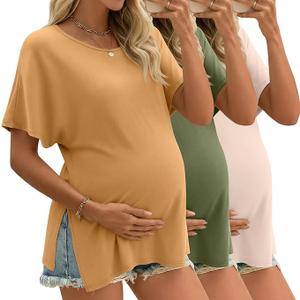 Riyiper 3 Pack Women's Maternity Tunic Shirts Cotton Summer Pregnancy Clothes Loose Oversized Split Side Blouse Tops, XXL